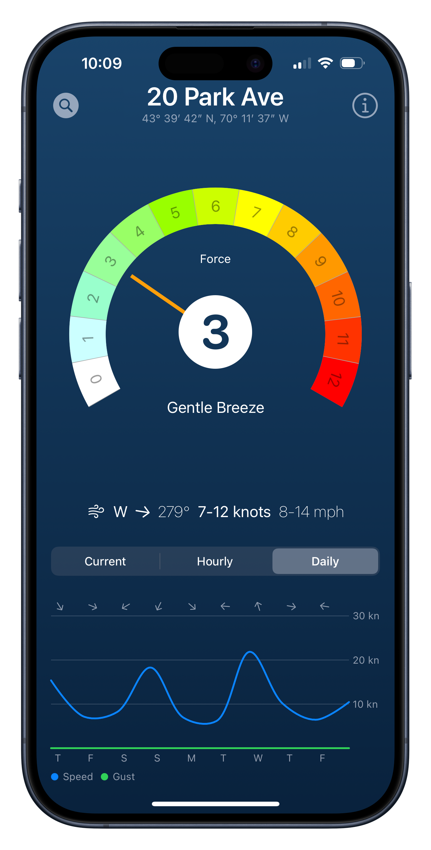 Screenshot of Beaufort Scale app displaying breezy wind conditions and rendered on iPhone 15